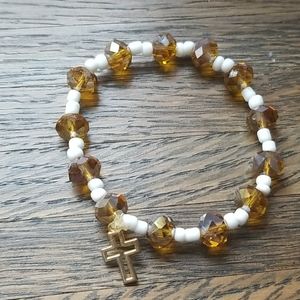 Stretchy white gold beaded Christian Cross bracelet